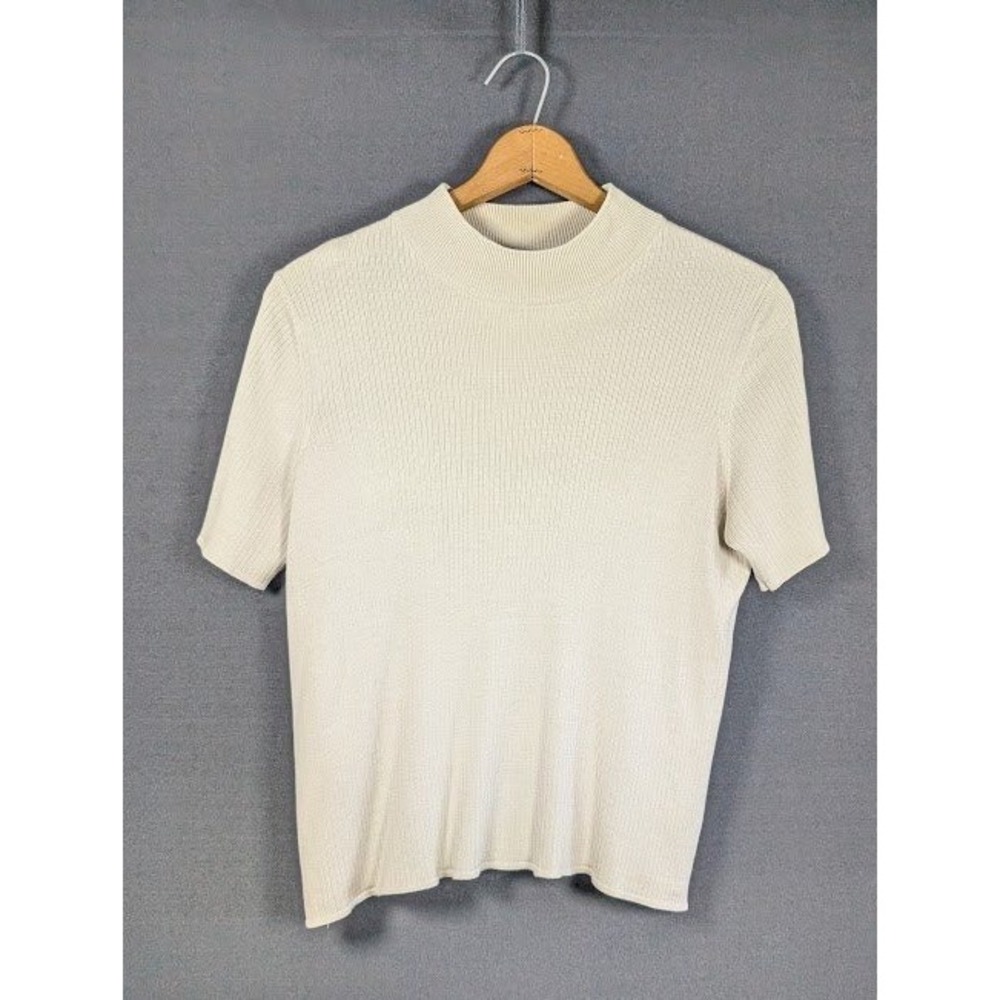 City Silk Ribbed Mock Neck Top Size 1X Minimalist Silk Blend Neutral Office Vtg
